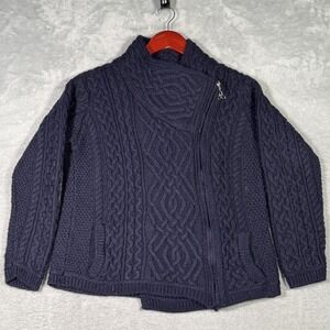 Aran Crafts Sweater Womens M Blue Merino Wool Cable Full Zip Cardigan Ireland